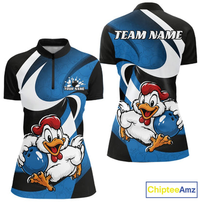 Custom Black And Blue Cute Funny Chicken Bowling Jerseys Bowling Team Shirt For Women IPHW11627