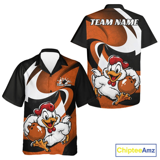 Front and back views of a custom short-sleeve athletic button up shirt featuring a cartoon chicken holding a basketball, with 'TEAM NAME' printed on the back. The shirt has a black, orange, and white color scheme.