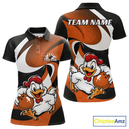 Custom Black And Orange Cute Funny Chicken Bowling Jerseys Bowling Team Shirt For Women IPHW11628
