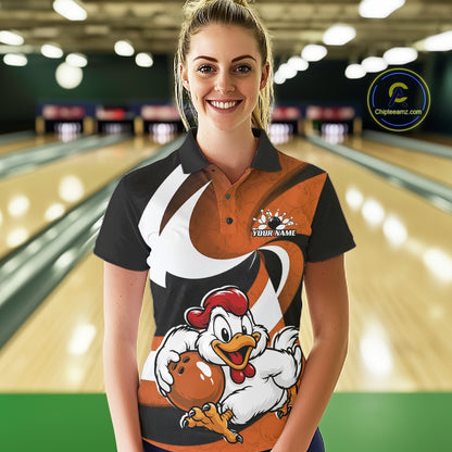 Custom Black And Orange Cute Funny Chicken Bowling Jerseys Bowling Team Shirt For Women IPHW11628