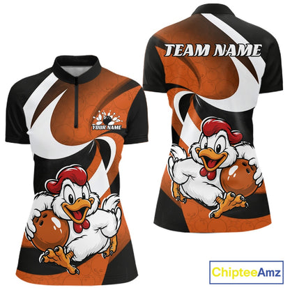 Custom Black And Orange Cute Funny Chicken Bowling Jerseys Bowling Team Shirt For Women IPHW11628