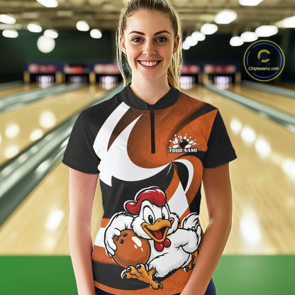 Custom Black And Orange Cute Funny Chicken Bowling Jerseys Bowling Team Shirt For Women IPHW11628