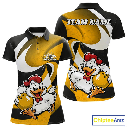 Front and back views of a custom short-sleeve polo shirt featuring a bold yellow, black, and white design with a cartoon chicken holding a bowling ball and placeholder text 'TEAM NAME' and 'YOUR NAME'.