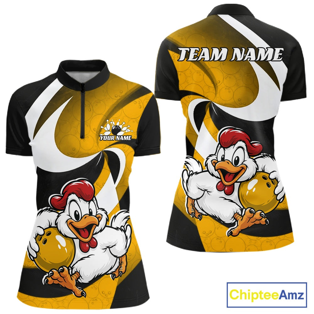 Custom Black And Yellow Cute Funny Chicken Bowling Jerseys Bowling Team Shirt For Women IPHW11629