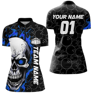 Custom Blue Flame Skull Halloween Ladies Bowling Shirts With Custom Name, Team Name, Number IPHW7103