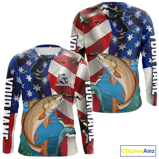 Custom American Flag Patriotic Redfish Fishing Long Sleeve Fishing Shirts, Redfish Jerseys IPHW9660
