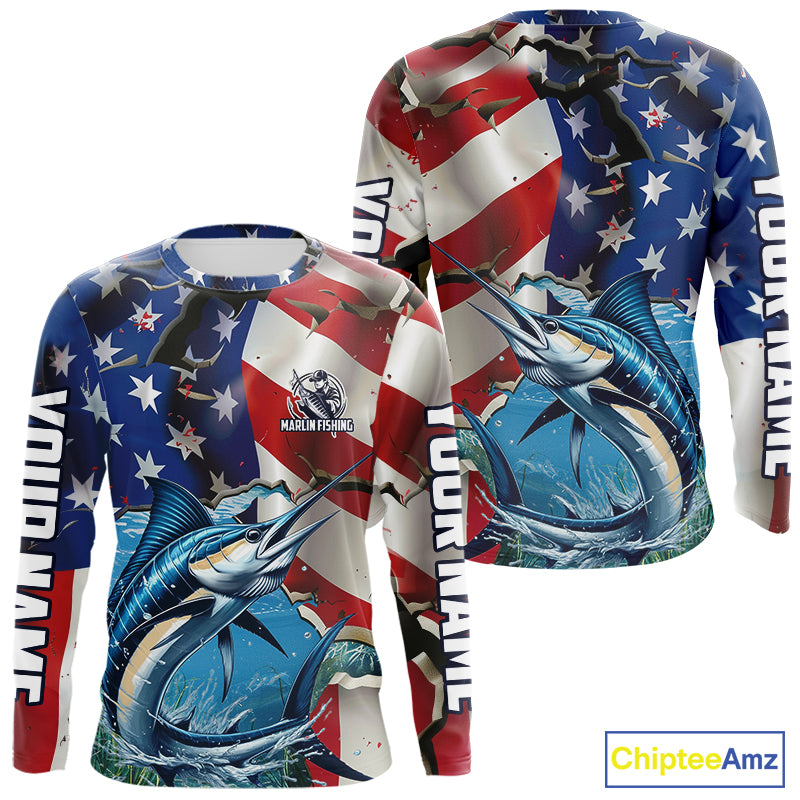 Custom American Flag Patriotic Marlin Fishing Long Sleeve Fishing Shirts, Marlin Jerseys IPHW9661