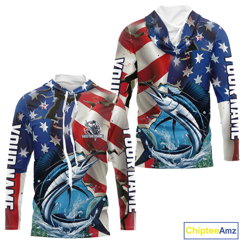 Custom American Flag Patriotic Sailfish Long Sleeve Hooded Fishing Shirts, Sailfish Jerseys IPHW9662