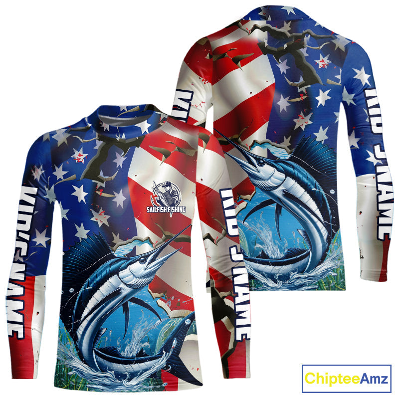 Custom American Flag Patriotic Sailfish Fishing Kid Long Sleeve Fishing Shirts, Sailfish Jerseys IPHW9662