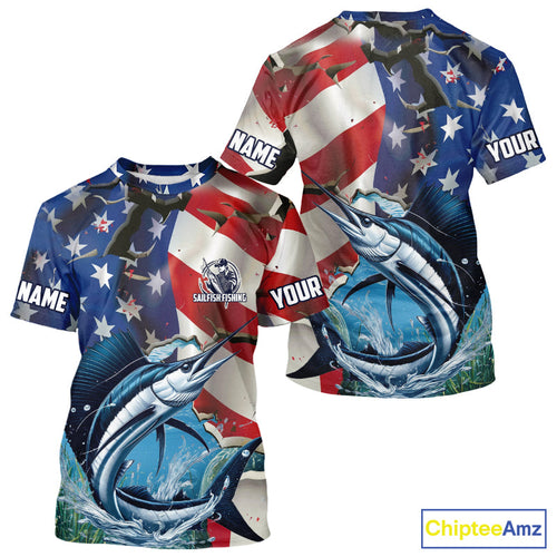 Custom American Flag Patriotic Sailfish Fishing Fishing T-Shirts, Sailfish Jerseys IPHW9662