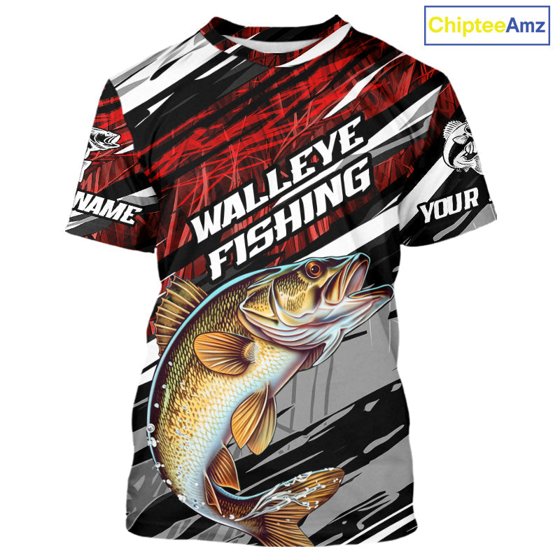 Custom Red Grass Camo Walleye Fishing Tournament Fishing T-Shirts, Fishing Gifts IPHW9663