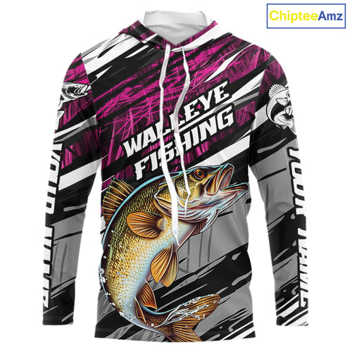 Custom Pink Grass Camo Walleye Fishing Long Sleeve Hooded Tournament Fishing Shirts, Fishing Gifts IPHW9664