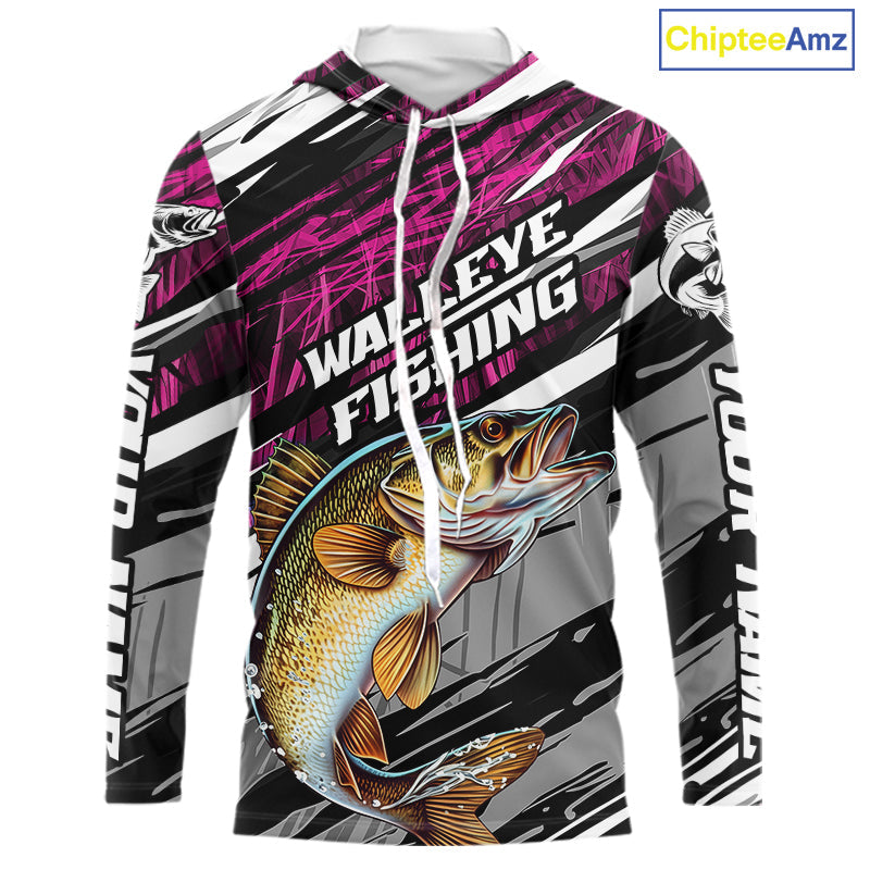 Custom Pink Grass Camo Walleye Fishing Long Sleeve Hooded Tournament Fishing Shirts, Fishing Gifts IPHW9664
