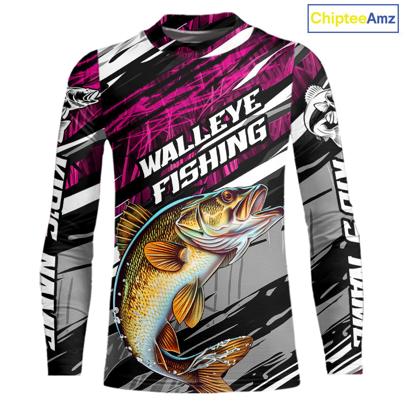 Custom Pink Grass Camo Walleye Fishing Kid Long Sleeve Tournament Fishing Shirts, Fishing Gifts IPHW9664
