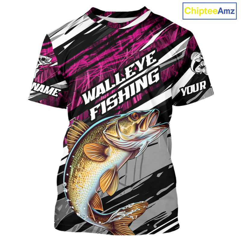Custom Pink Grass Camo Walleye Fishing Tournament Fishing T-Shirts, Fishing Gifts IPHW9664