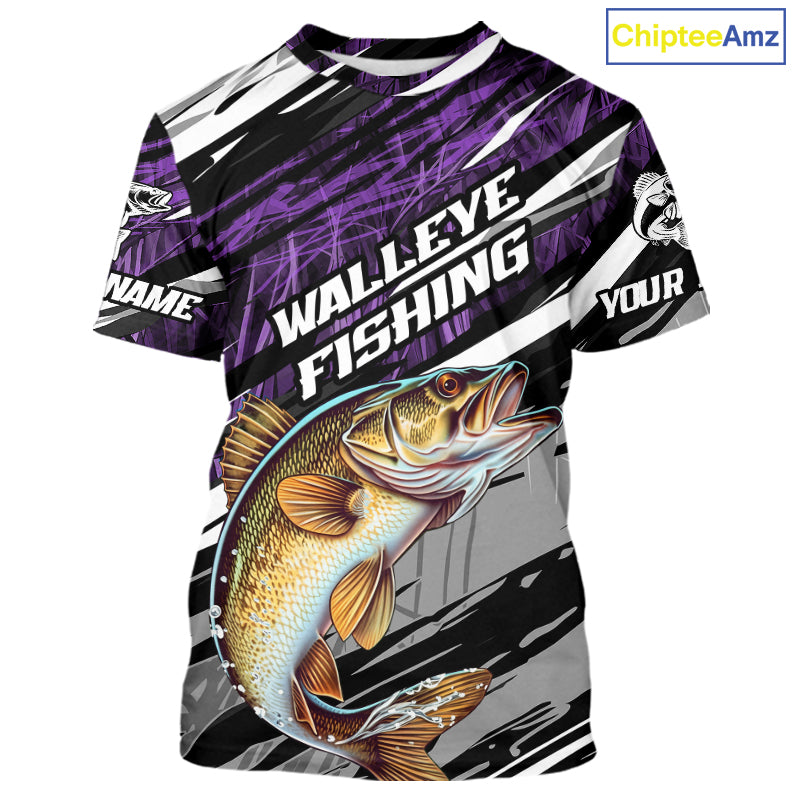 Custom Purple Grass Camo Walleye Fishing Tournament Fishing T-Shirts, Fishing Gifts IPHW9665