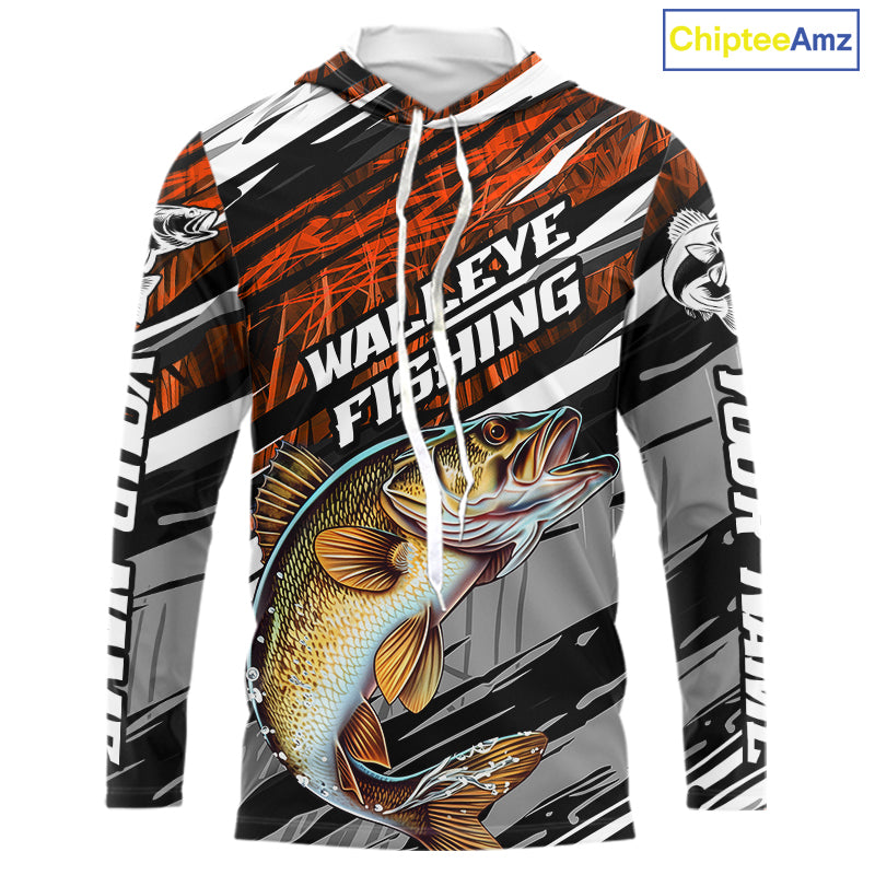 Custom Orange Grass Camo Walleye Long Sleeve Hooded Tournament Fishing Shirts, Fishing Gifts IPHW9666