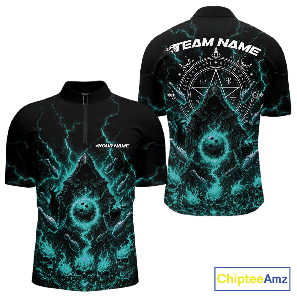 Custom Blue Lightning Halloween Grim Reaper Bowling Men Quarter Zip Shirt, Dark Magic Outfit IPHW11881