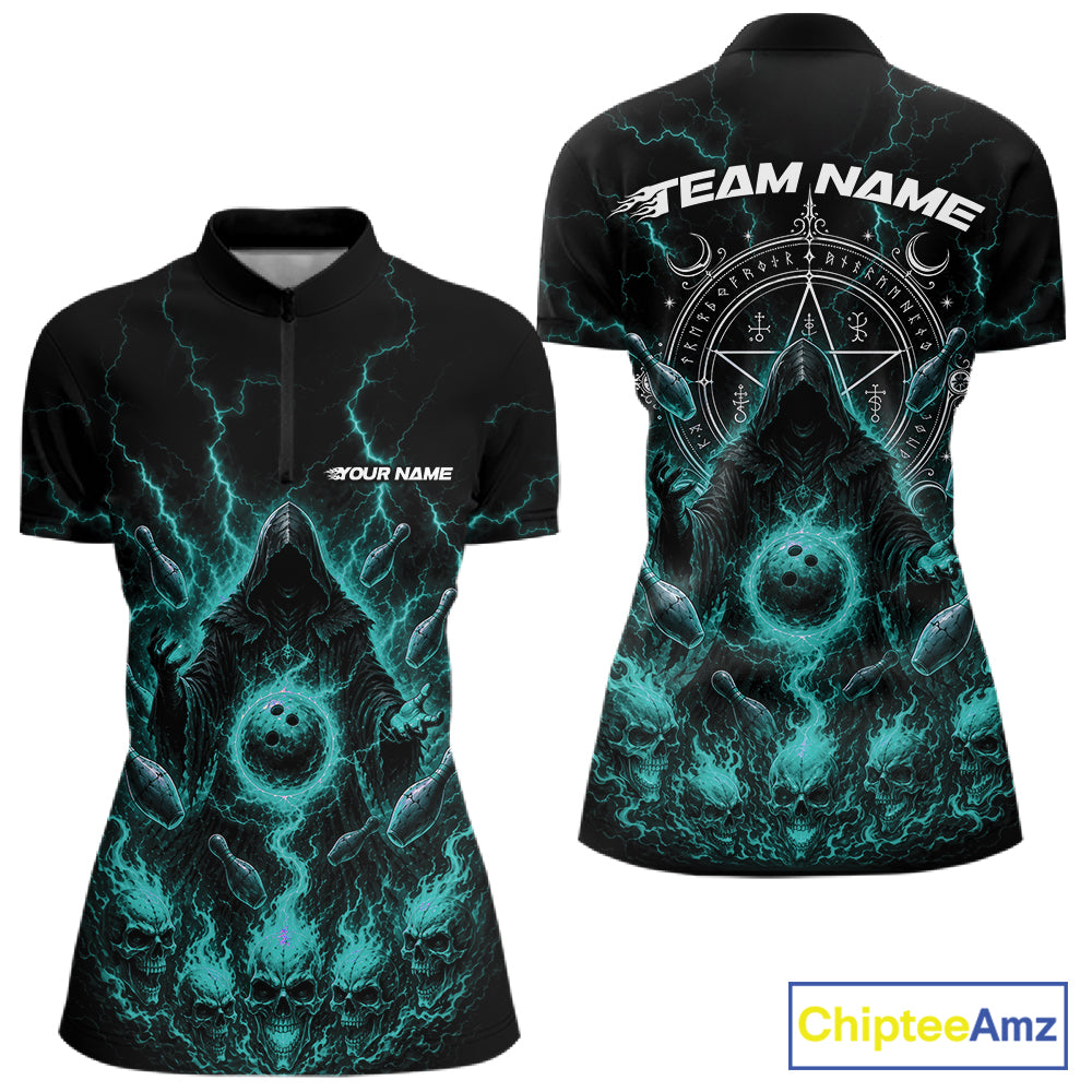Custom Blue Lightning Halloween Grim Reaper Bowling Women Shirt, Dark Magic Outfit IPHW11881