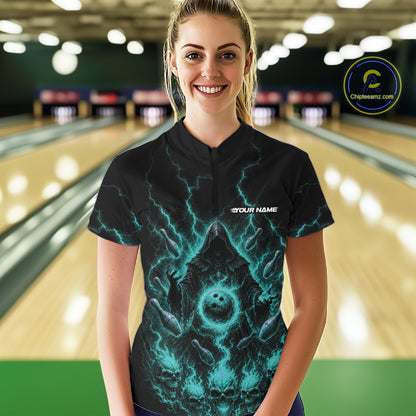 Custom Blue Lightning Halloween Grim Reaper Bowling Women Shirt, Dark Magic Outfit IPHW11881