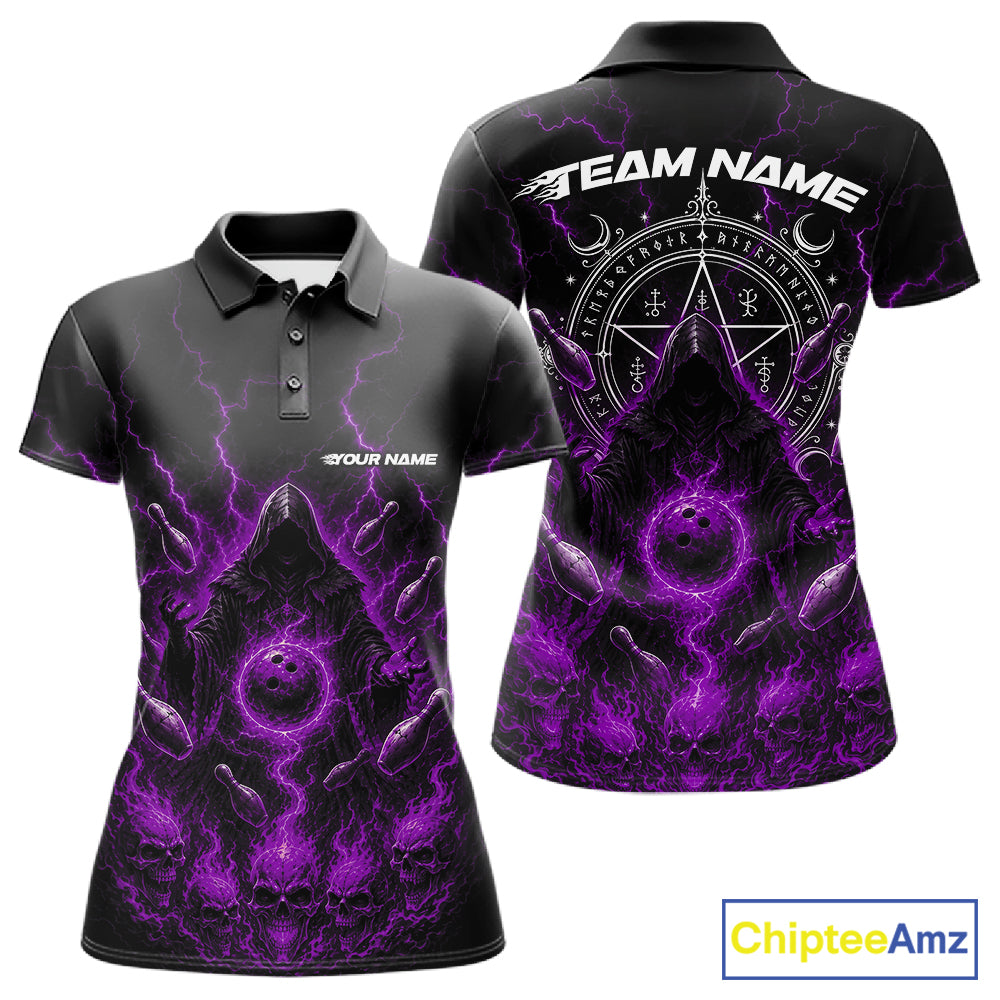 Custom Purple Lightning Halloween Grim Reaper Bowling Women Polo Shirt, Dark Magic Outfit IPHW11882