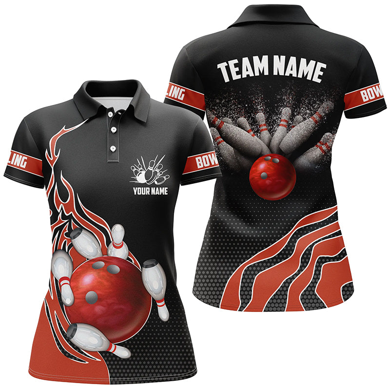 Red Flame Bowling Polo Shirts For Women, Custom Bowling Team Jerseys Bowler Outfits IPHW5216