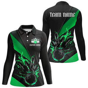 Black And Green Custom Flame Bowling Tournament Jerseys For Women, Bowling Team Shirts IPHW7926