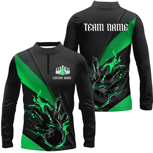 Black And Green Custom Flame Bowling Tournament Jerseys For Men, Bowling Team Shirts IPHW7926