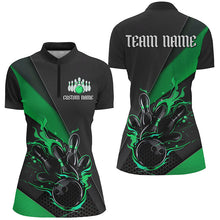 Load image into Gallery viewer, Black And Green Custom Flame Bowling Tournament Jerseys For Women, Bowling Team Shirts IPHW7926