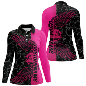 Black And Pink Custom Bowling Ball And Wings Bowling Shirts For Women, Bowling Team Uniform IPHW7928