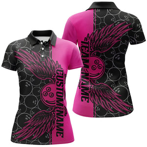 Black And Pink Custom Bowling Ball And Wings Bowling Shirts For Women, Bowling Team Uniform IPHW7928