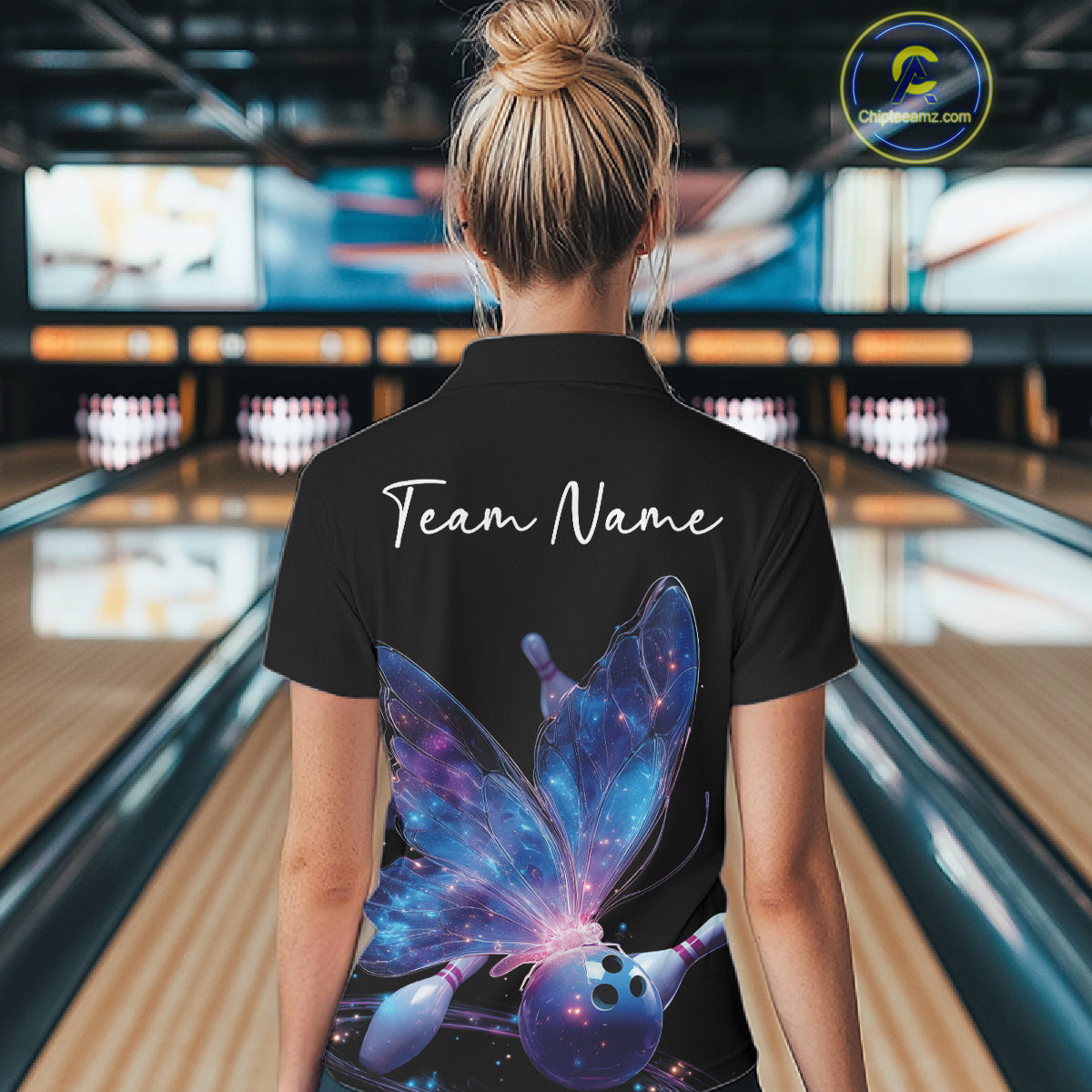 Custom Blue Galaxy Butterfly Bowling Women Polo Shirts, Ladies Bowling Team Outfit IPHW10241