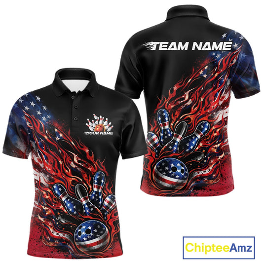 Custom Patriotic Flame Bowling Shirts, American US Flag Bowling Team Jerseys Freedom 4Th Of July Bowling Shirt IPHW10432