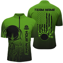 Load image into Gallery viewer, Black And Green Skull Custom Unisex Bowling Team Shirts, American Flag Patriotic Bowling Outfits IPHW6056