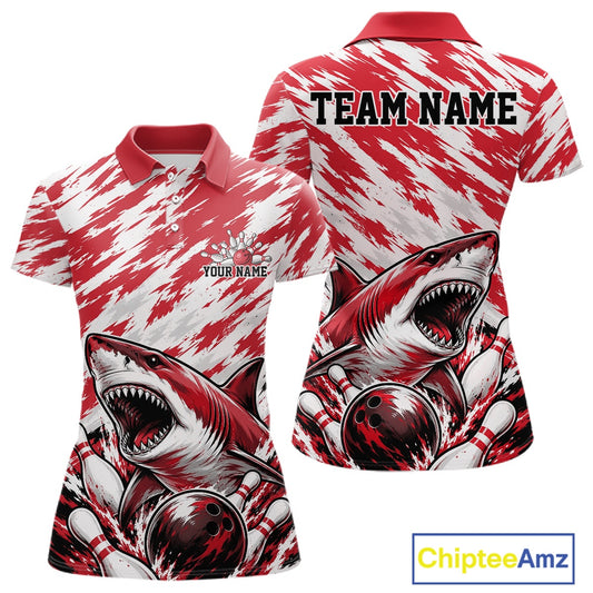 Red and white polo shirt with shark design and customizable text, featuring Chiptee Amz branding.