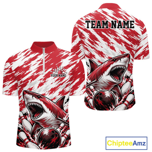 Red and white shark-themed shirt with customizable text on a white background