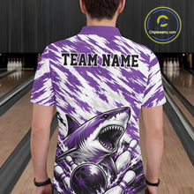 Load image into Gallery viewer, Person wearing a purple and white bowling shirt with a shark graphic and 'TEAM NAME' text at a bowling alley.