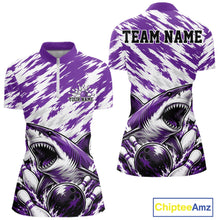 Load image into Gallery viewer, Purple and white sports jersey with shark design and customizable text, featuring Chiptee Amz branding.