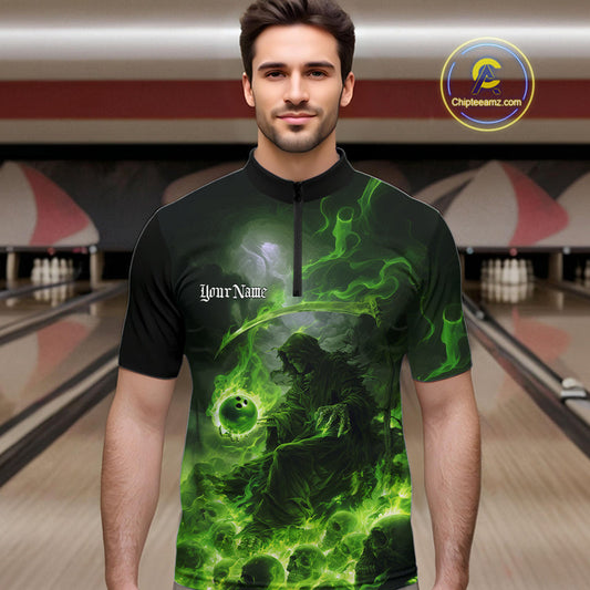 Custom Electric Green Fire Grim Reaper Bowling Men Quarter-Zip Shirts, Halloween Bowling Shirt IPHW9465