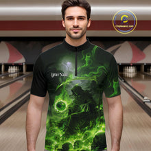 Load image into Gallery viewer, Custom Electric Green Fire Grim Reaper Bowling Men Quarter-Zip Shirts, Halloween Bowling Shirt IPHW9465