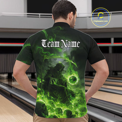 Custom Electric Green Fire Grim Reaper Bowling Men Quarter-Zip Shirts, Halloween Bowling Shirt IPHW9465