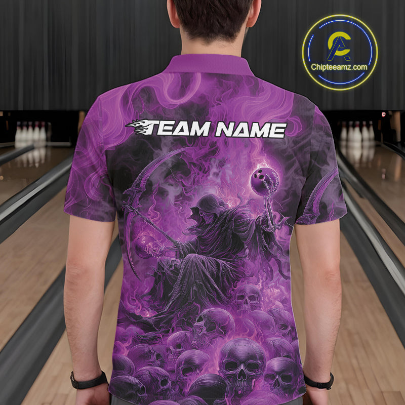 Custom Purple Flame Skull Bowling Polo Shirts, Purple Smoke Bowling Hallween Outfit IPHW9471