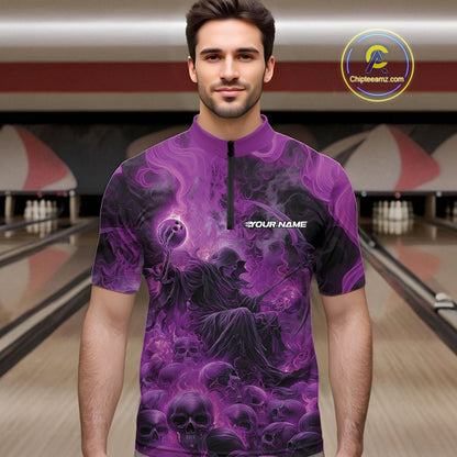 Custom Purple Flame Skull Bowling Quarter-Zip Shirts, Purple Smoke Bowling Hallween Outfit IPHW9471