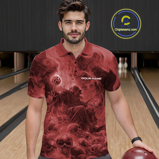 Custom Red Flame Skull Bowling Polo Shirts, Red Smoke Bowling Hallween Outfit IPHW9472