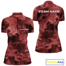 Load image into Gallery viewer, Custom Red Flame Skull Bowling Quarter-Zip Shirts, Red Smoke Bowling Hallween Outfit IPHW9472