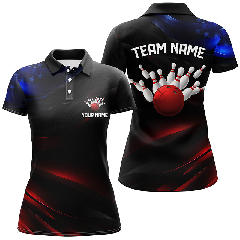 Black, Red And Blue Custom Patriotic Bowling Shirts For Women, Us Bowling League Shirts IPHW7114