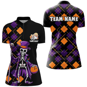 Custom Funny Halloween Skull Ladies Bowling Shirts, Halloween Argyle Pattern Bowling Outfit IPHW7123