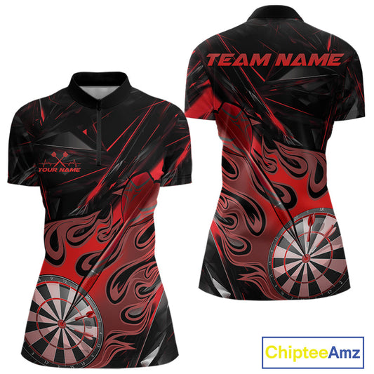 Custom Black And Red Flame Dartboard Dart Women Quarter-Zip Shirts, Dart Players Outfits IPHW9688