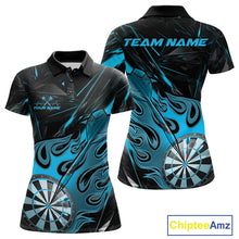 Load image into Gallery viewer, Custom Black And Blue Flame Dartboard Dart Polo Shirts For Women, Dart Players Outfits IPHW9689