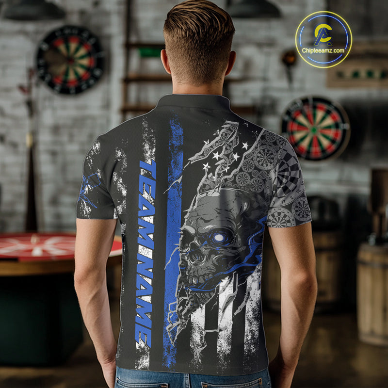 Custom Blue Line American Flag Patriotic Skull Dart Men Polo Shirts, Halloween Dart Outfit IPHW9692